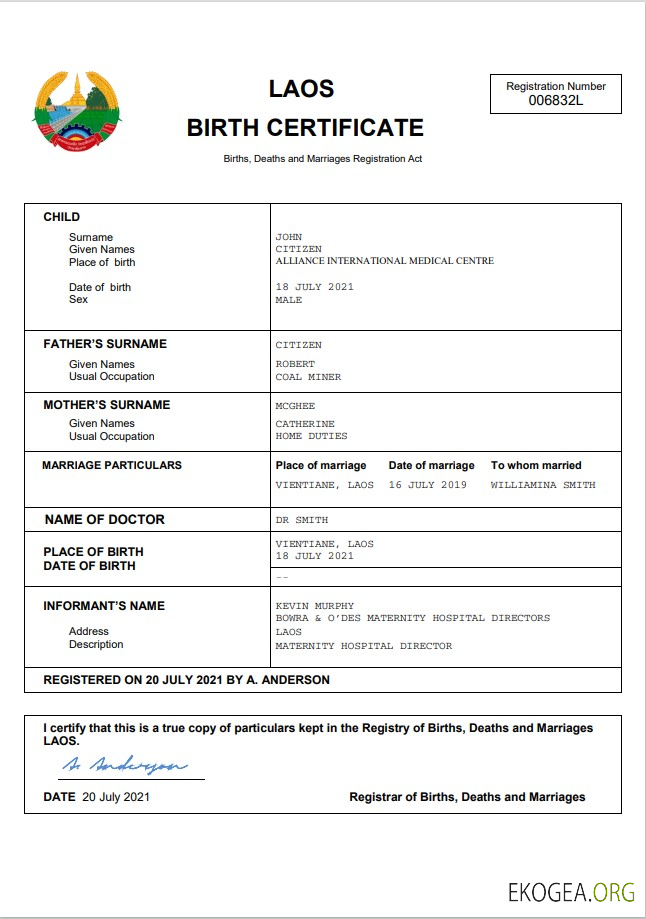 Modèle Word et PDF d'acte de naissance au Laos